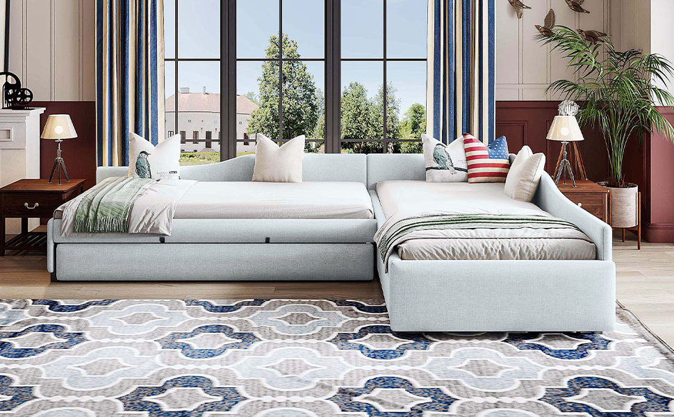 Twin Daybed with Trundle & Drawer - Beige Upholstered for Bedroom