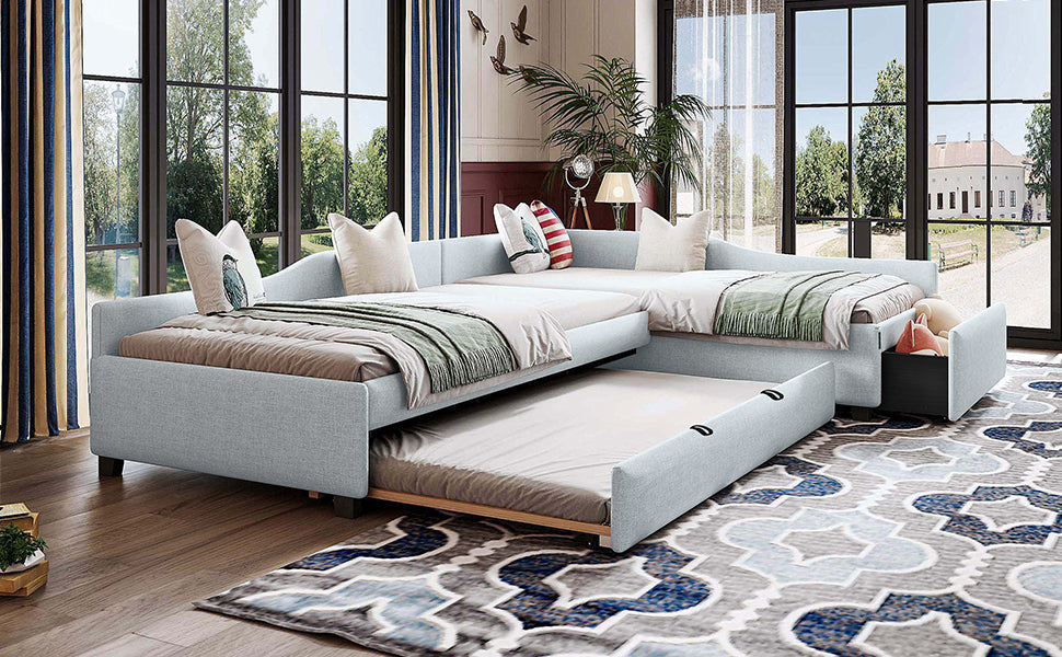 Twin Daybed with Trundle & Drawer - Beige Upholstered for Bedroom