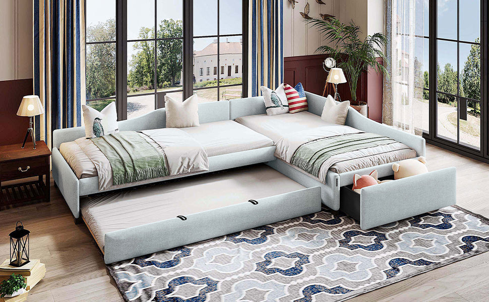 Twin Daybed with Trundle & Drawer - Beige Upholstered for Bedroom