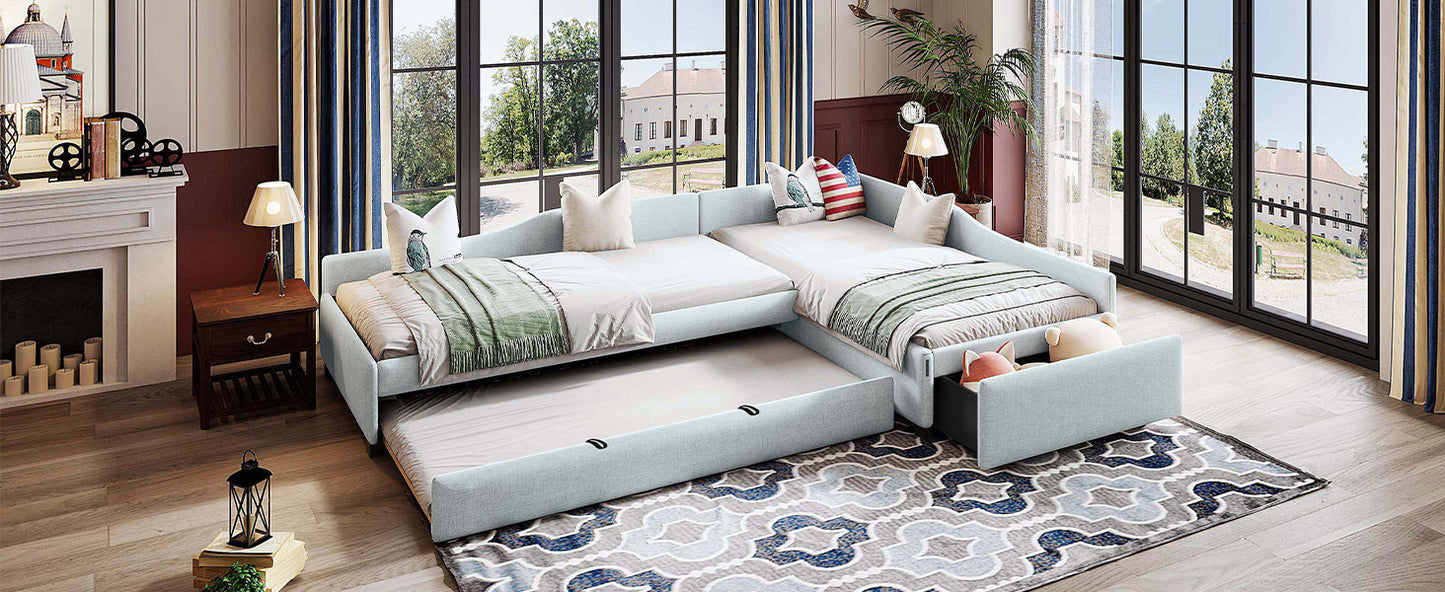 Twin Daybed with Trundle & Drawer - Beige Upholstered for Bedroom