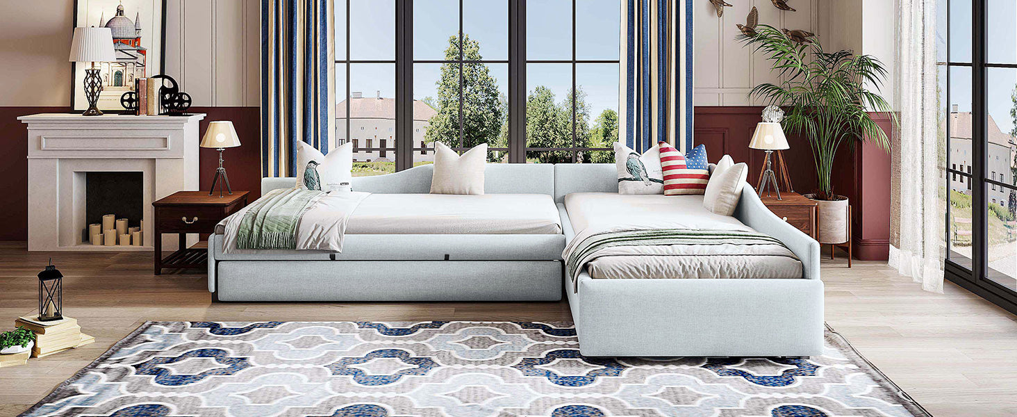 Twin Daybed with Trundle & Drawer - Beige Upholstered for Bedroom