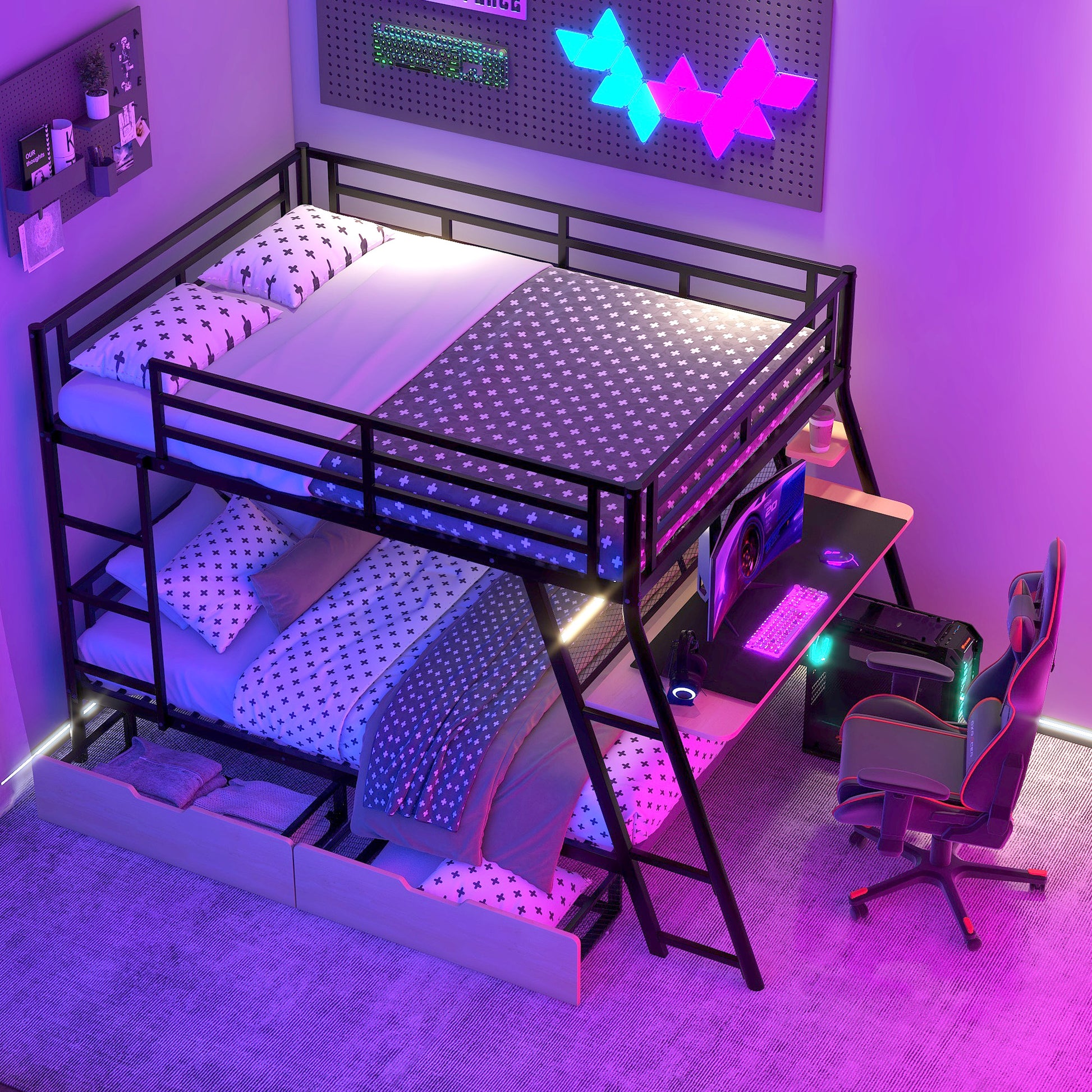 Black Metal Bunk Bed with Built-in Desk for Bedroom Storage