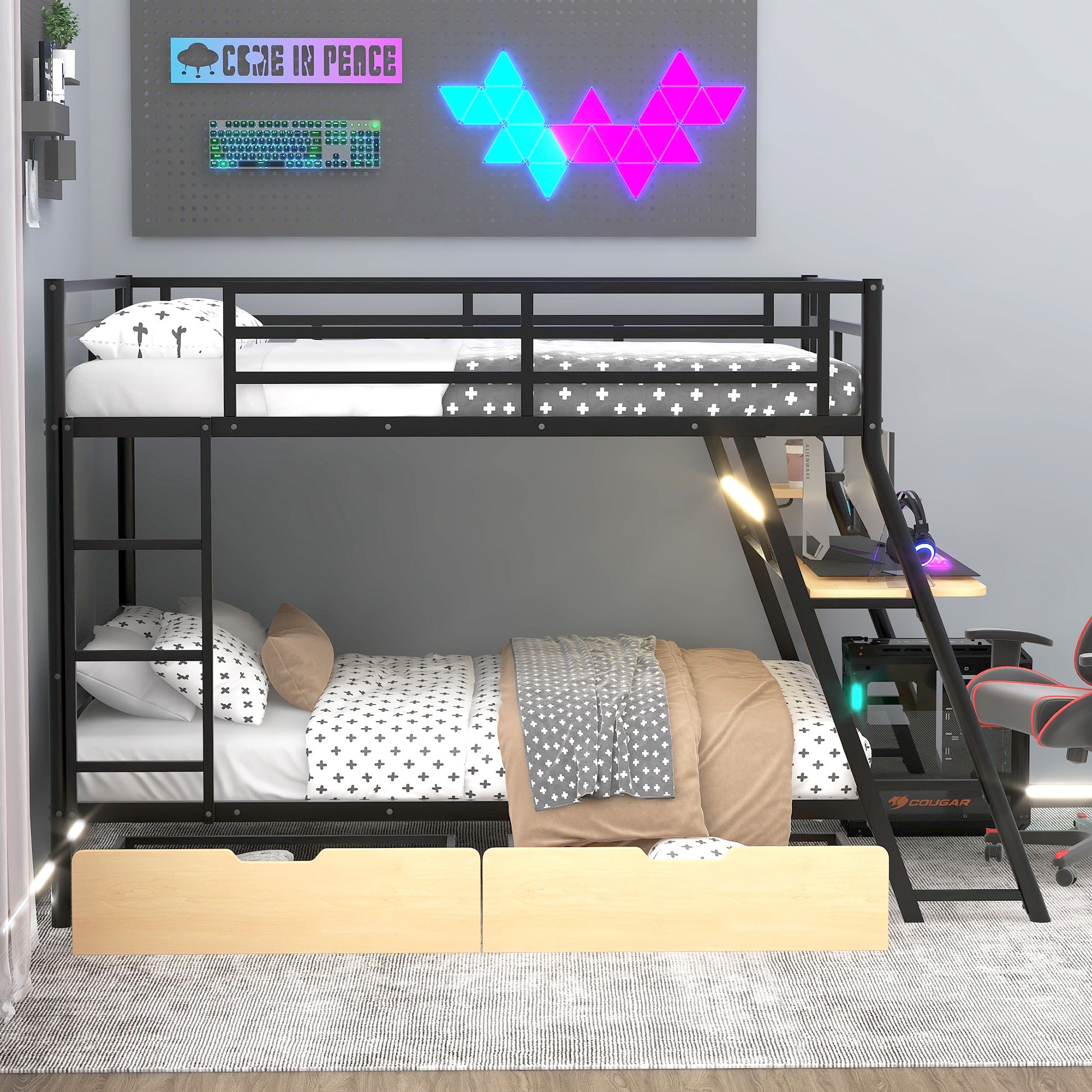 Black Metal Bunk Bed with Built-in Desk for Bedroom Storage