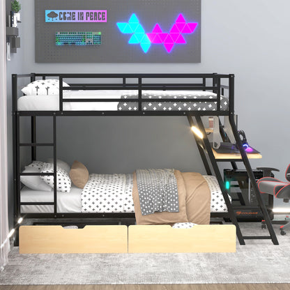 Black Metal Bunk Bed with Built-in Desk for Bedroom Storage