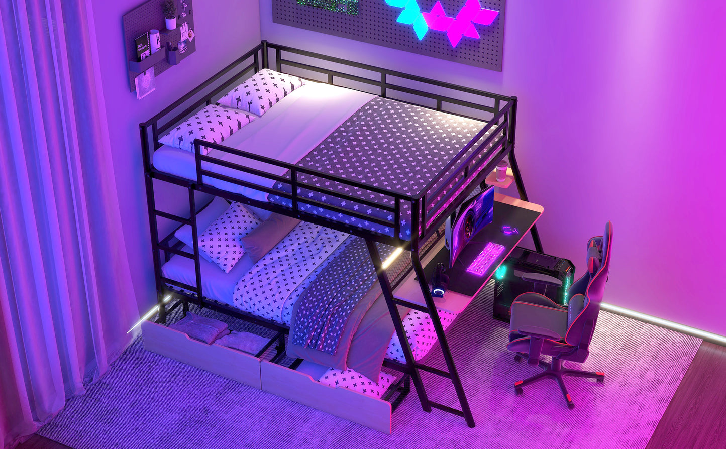 Black Metal Bunk Bed with Built-in Desk for Bedroom Storage