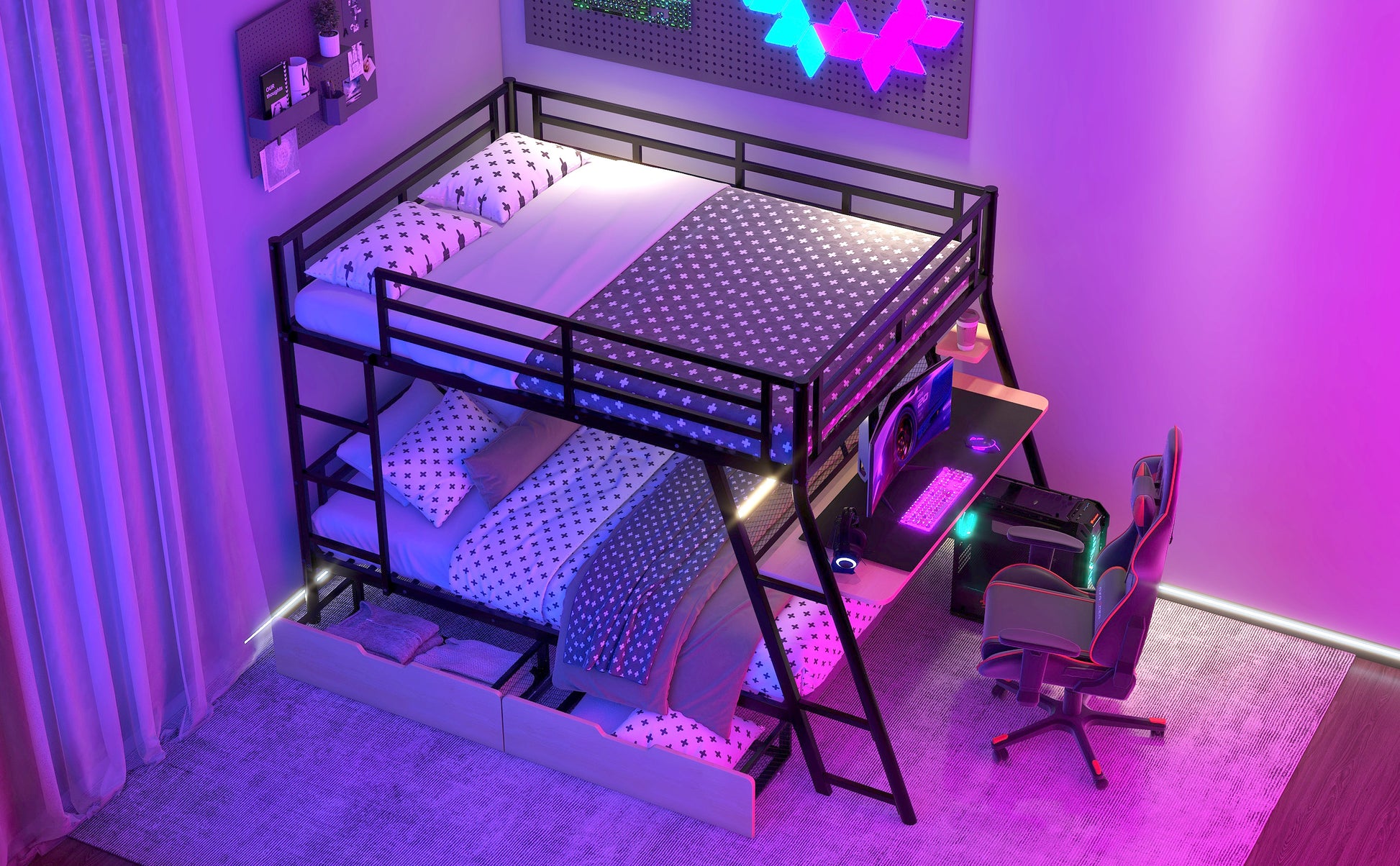 Black Metal Bunk Bed with Built-in Desk for Bedroom Storage