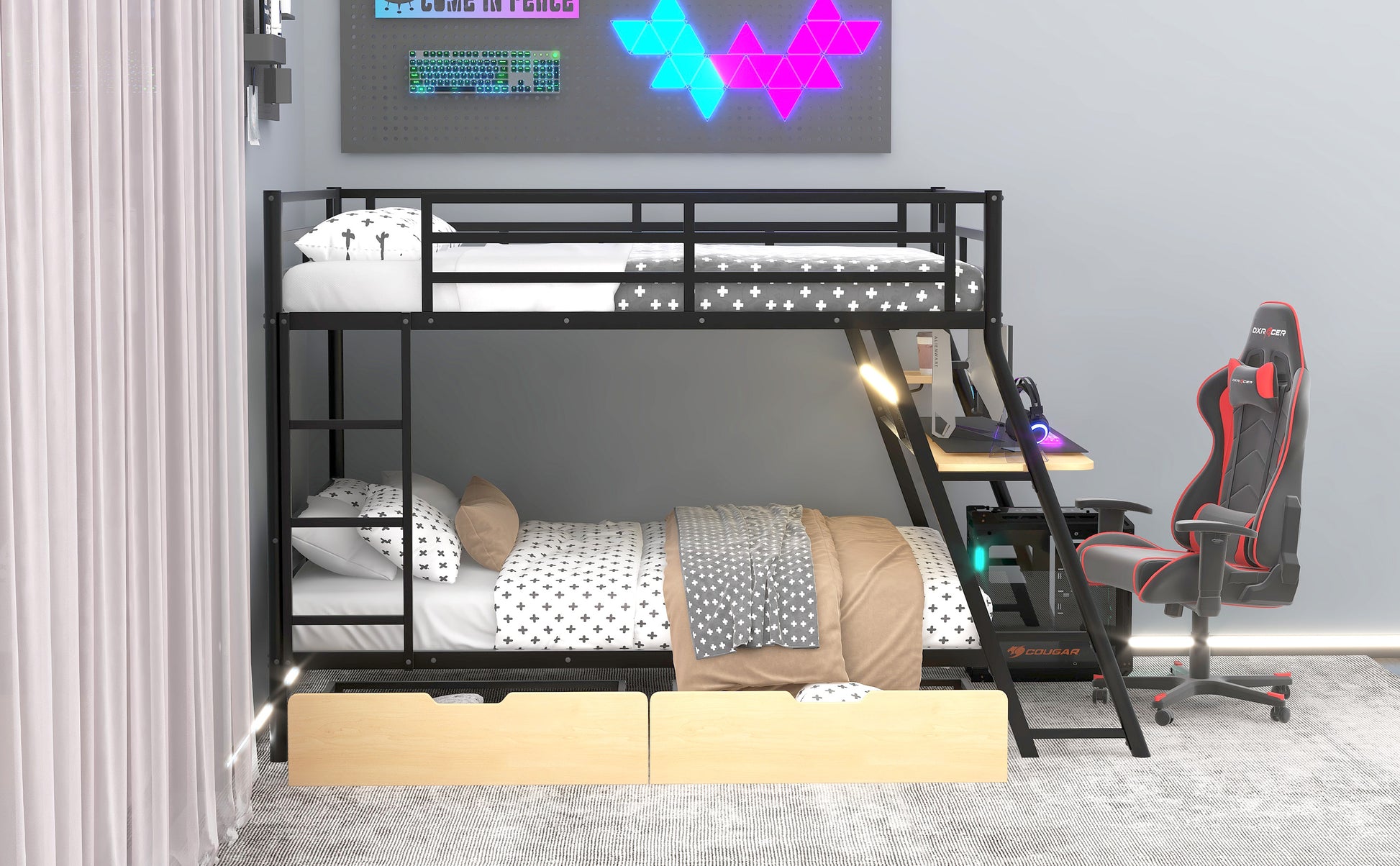 Black Metal Bunk Bed with Built-in Desk for Bedroom Storage