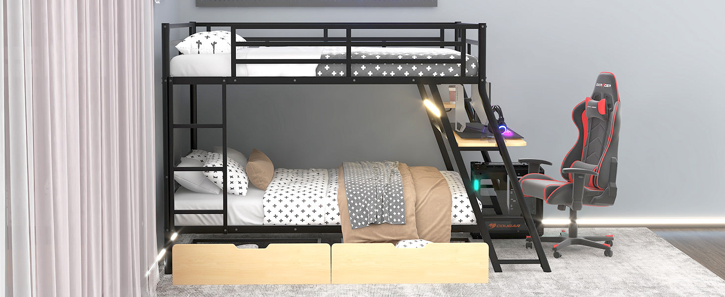 Black Metal Bunk Bed with Built-in Desk for Bedroom Storage