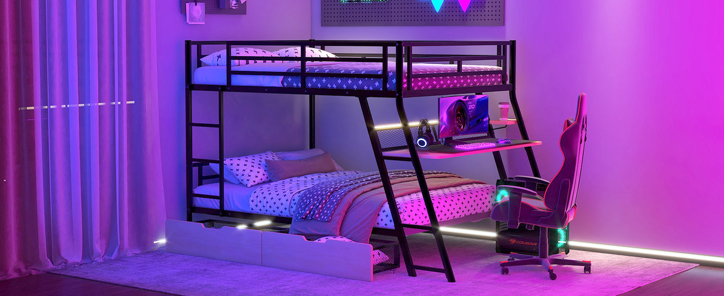 Black Metal Bunk Bed with Built-in Desk for Bedroom Storage
