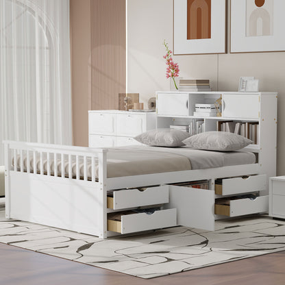 Full Size Captain Platform Bed Frame with Storage Bookcases and Shelves,Four Drawers,White