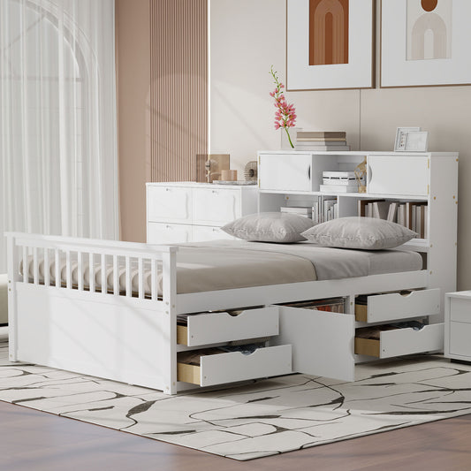 Full Size Captain Platform Bed Frame with Storage Bookcases and Shelves,Four Drawers,White