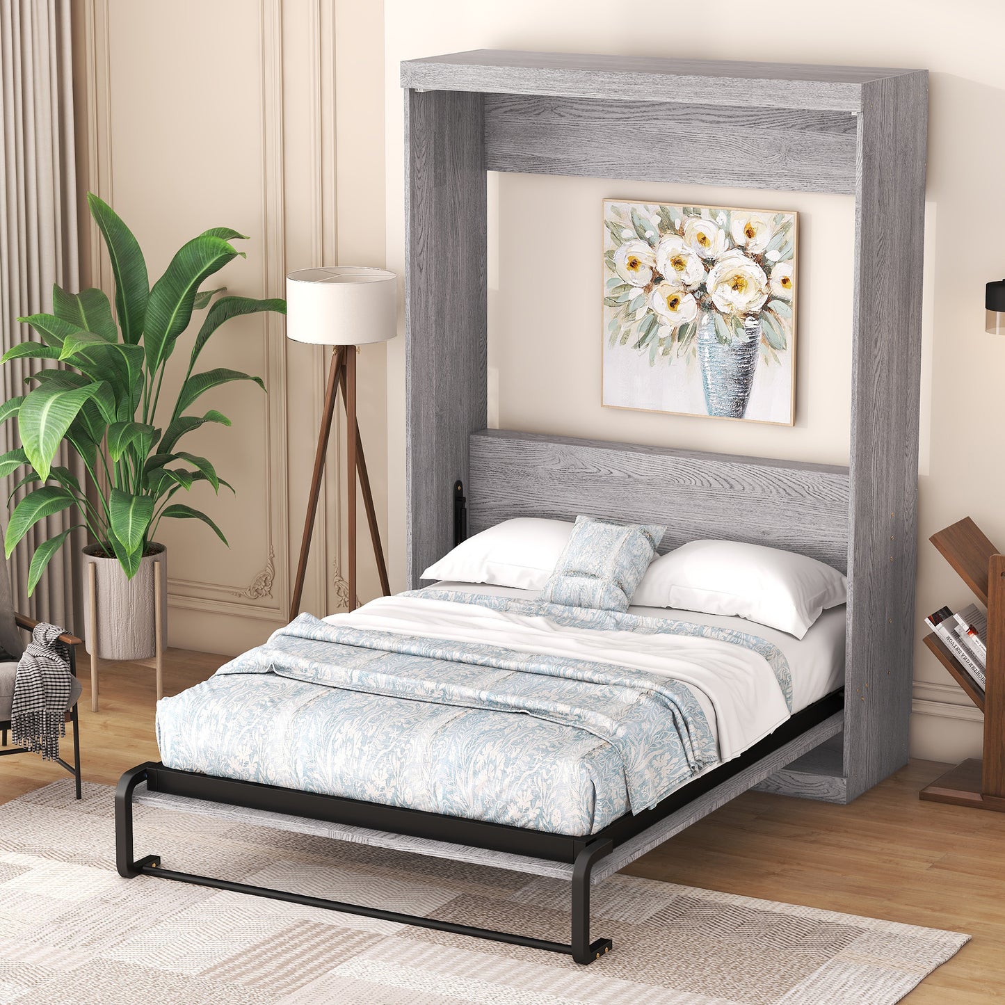 Full Size Murphy Bed Folding Cabinet Grey for Bedroom
