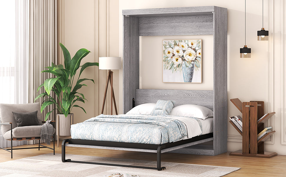 Full Size Murphy Bed Folding Cabinet Grey for Bedroom