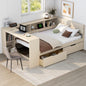 Wood Full Size Platform Bed with Storage Shelves, Drawers, Charging Station and Upholstered Headboard, Cream