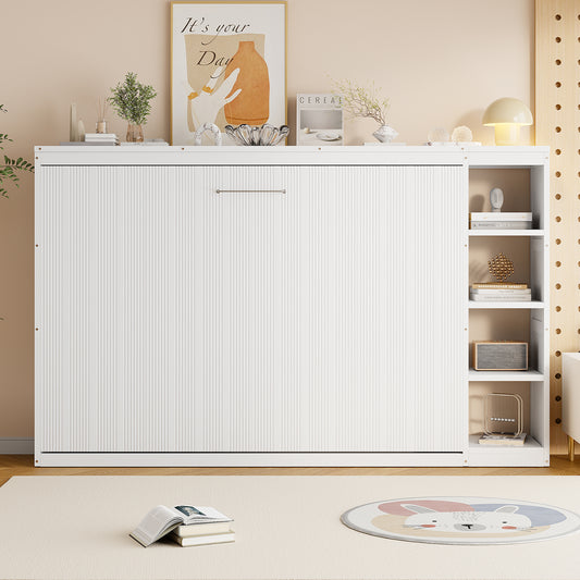 Full Size Murphy Bed with Bookshelf, White