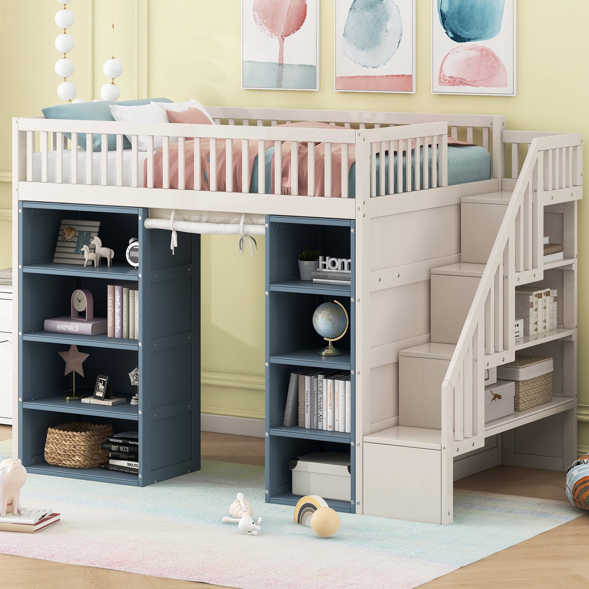 Full Size Loft Bed with 2 Four-layer Storage Cabinets and Curtain, Cream White