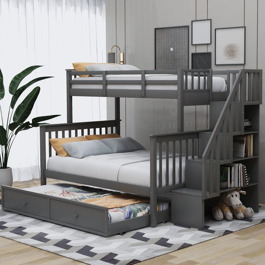 Twin-Over-Full Bunk Bed Gray Solid Wood Frame