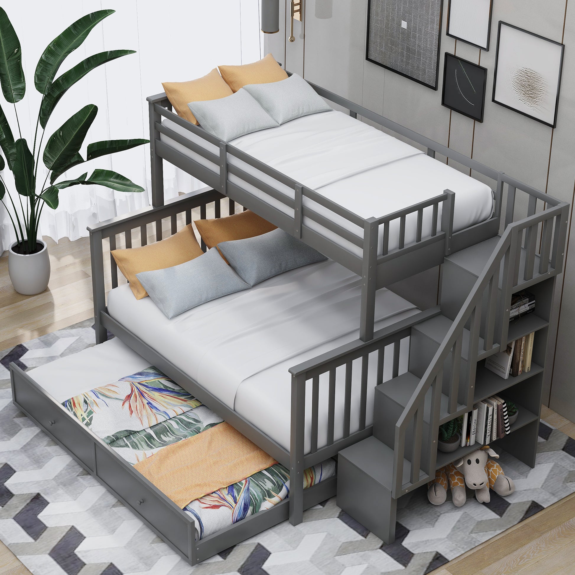 Twin-Over-Full Bunk Bed Gray Solid Wood Frame