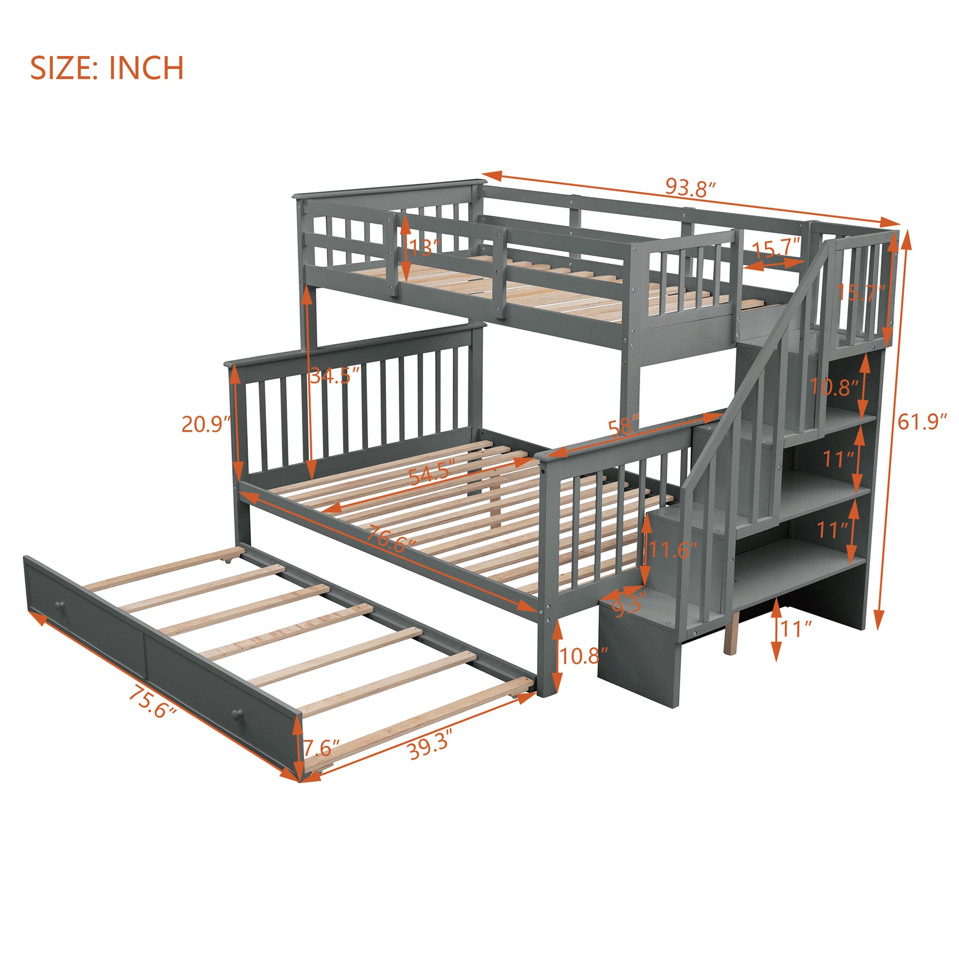Twin-Over-Full Bunk Bed Gray Solid Wood Frame