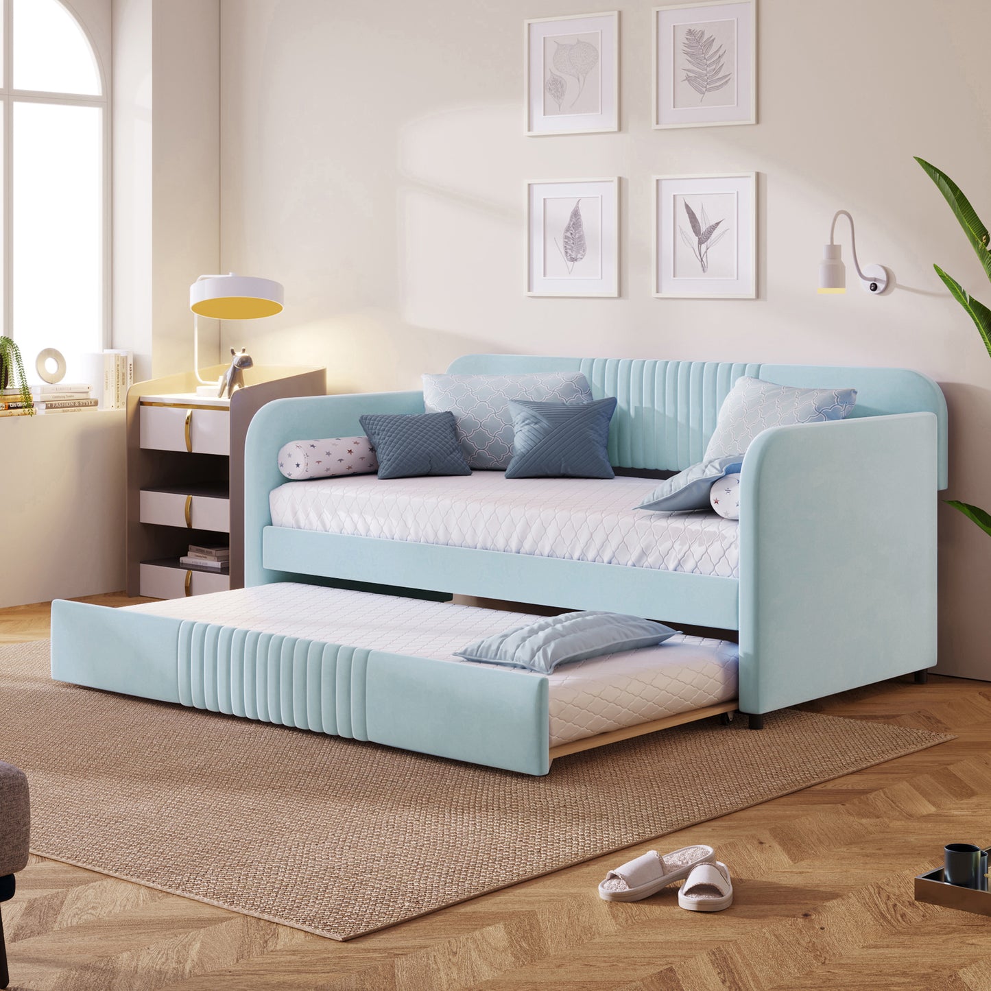 Upholstered Daybed Sofa Bed Twin Size With Trundle Bed and Wood Slat, Light Blue(Old sku: LP000127AAC)