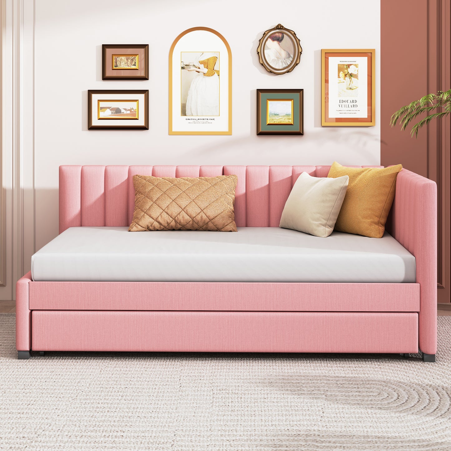 Pink Linen Twin Daybed with Trundle - Sofa Bed Frame for Bedroom