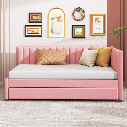 Pink Linen Twin Daybed with Trundle - Sofa Bed Frame for Bedroom