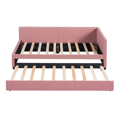 Pink Linen Twin Daybed with Trundle - Sofa Bed Frame for Bedroom