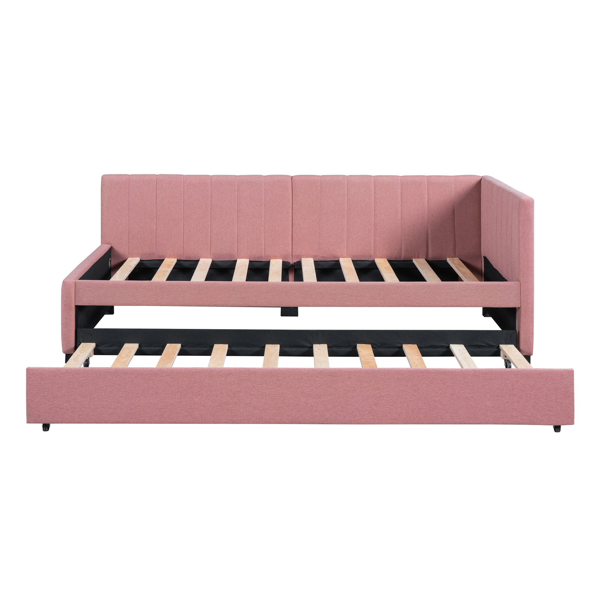 Pink Linen Twin Daybed with Trundle - Sofa Bed Frame for Bedroom