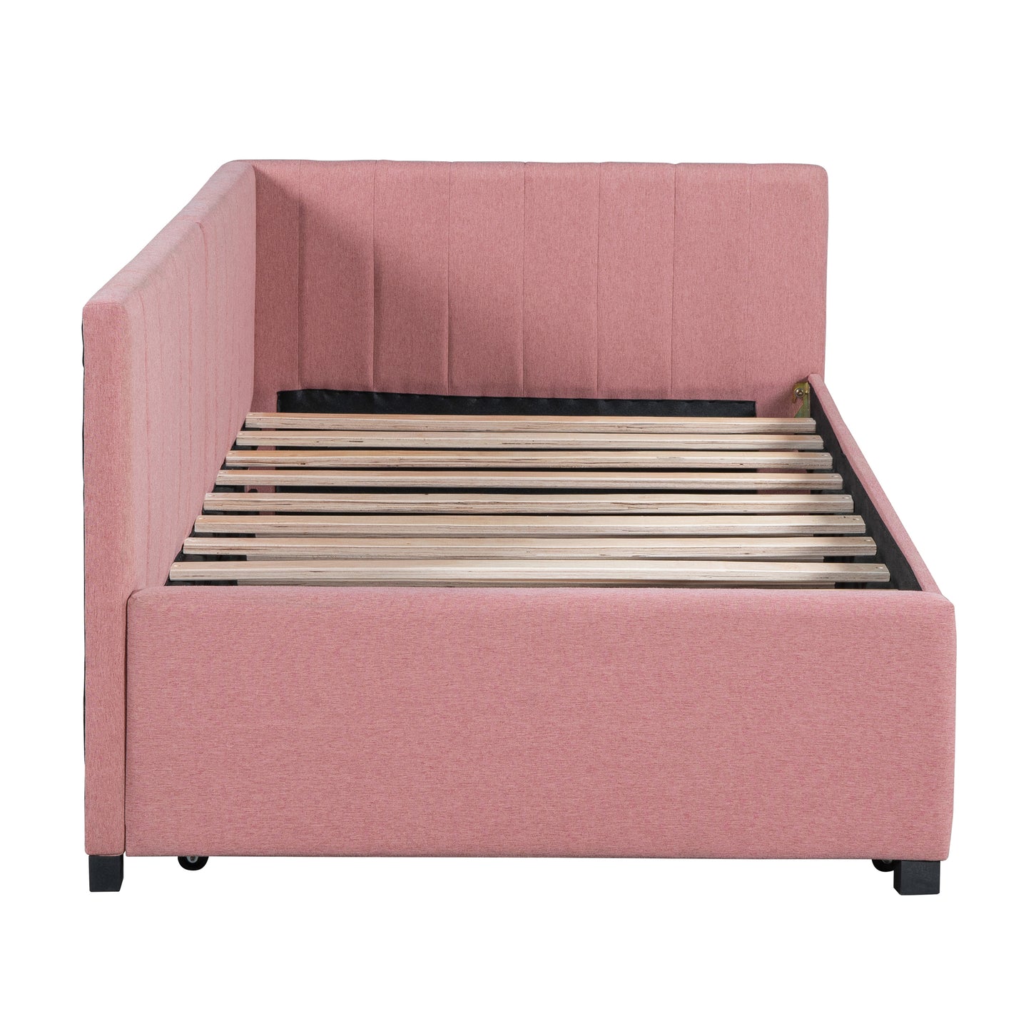 Pink Linen Twin Daybed with Trundle - Sofa Bed Frame for Bedroom