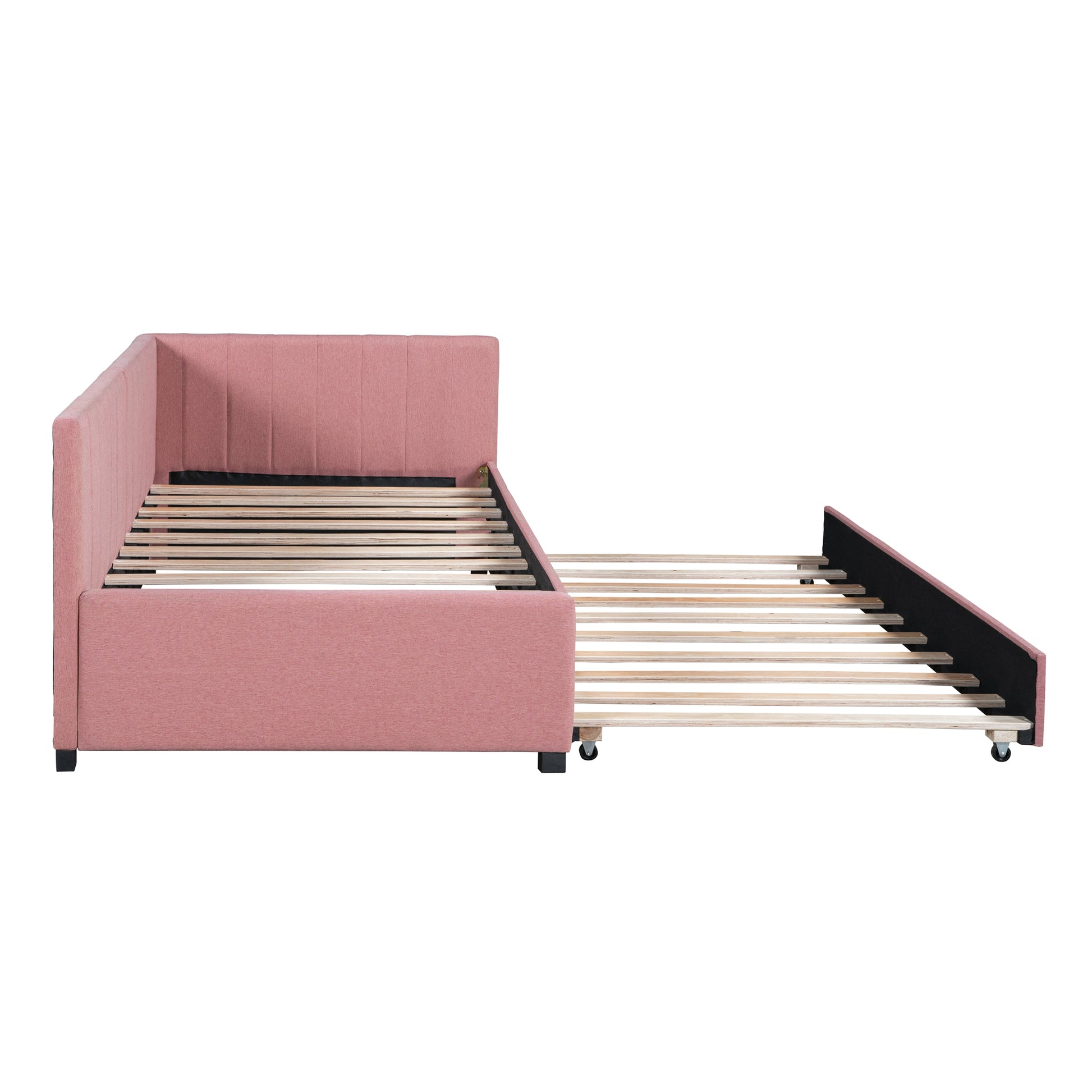 Pink Linen Twin Daybed with Trundle - Sofa Bed Frame for Bedroom