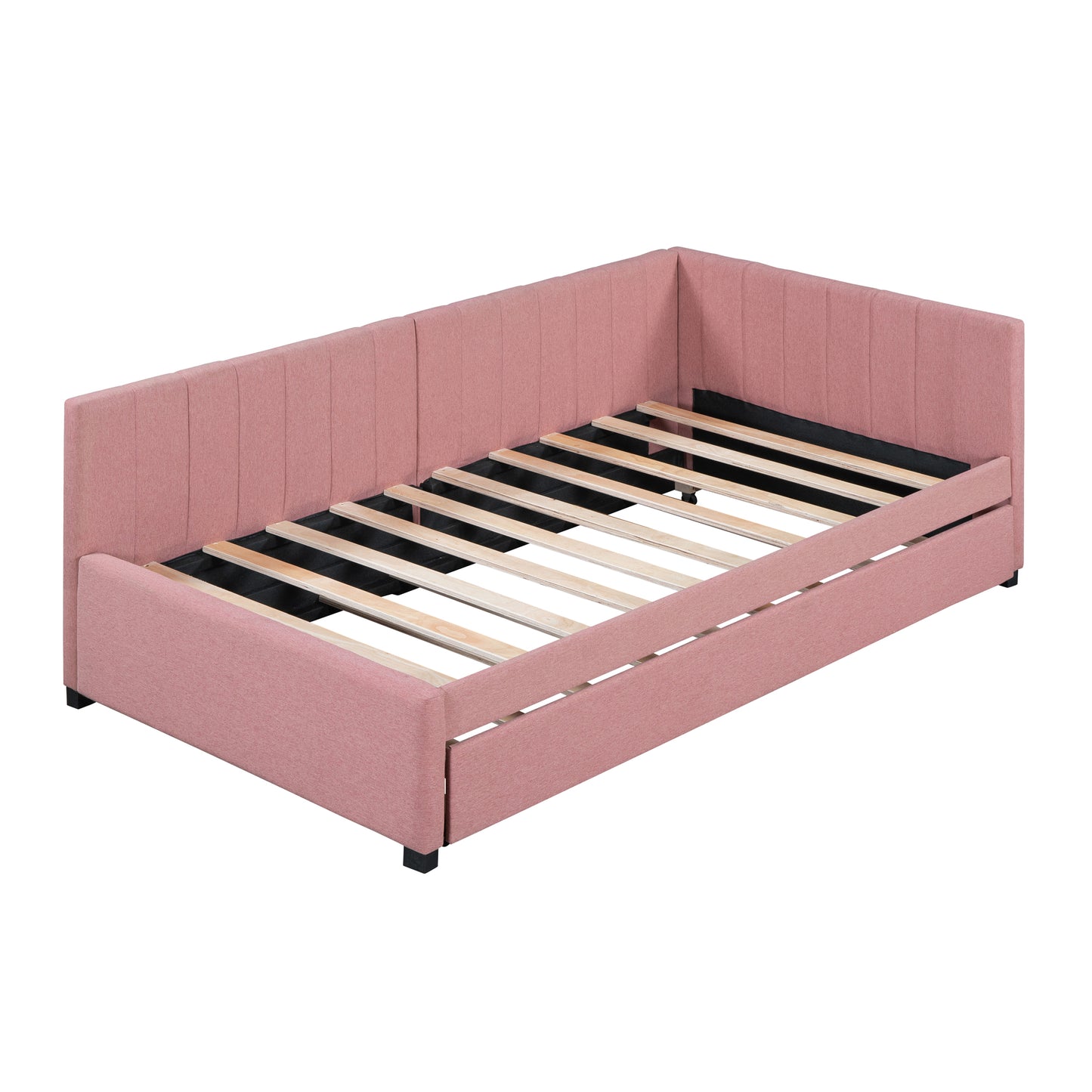 Pink Linen Twin Daybed with Trundle - Sofa Bed Frame for Bedroom