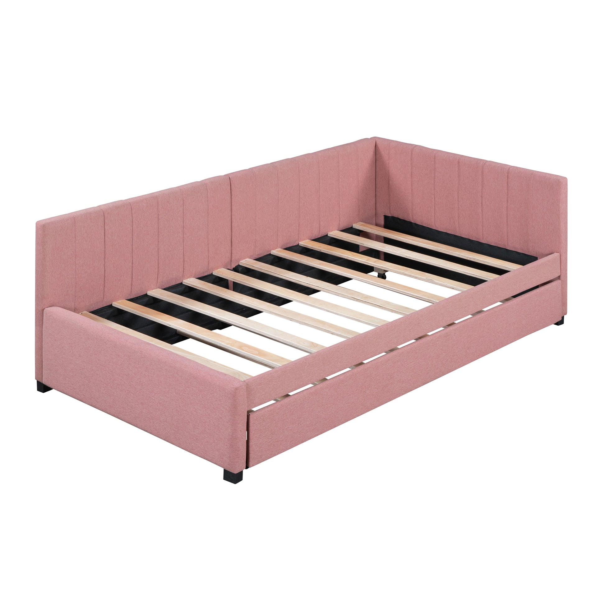 Pink Linen Twin Daybed with Trundle - Sofa Bed Frame for Bedroom