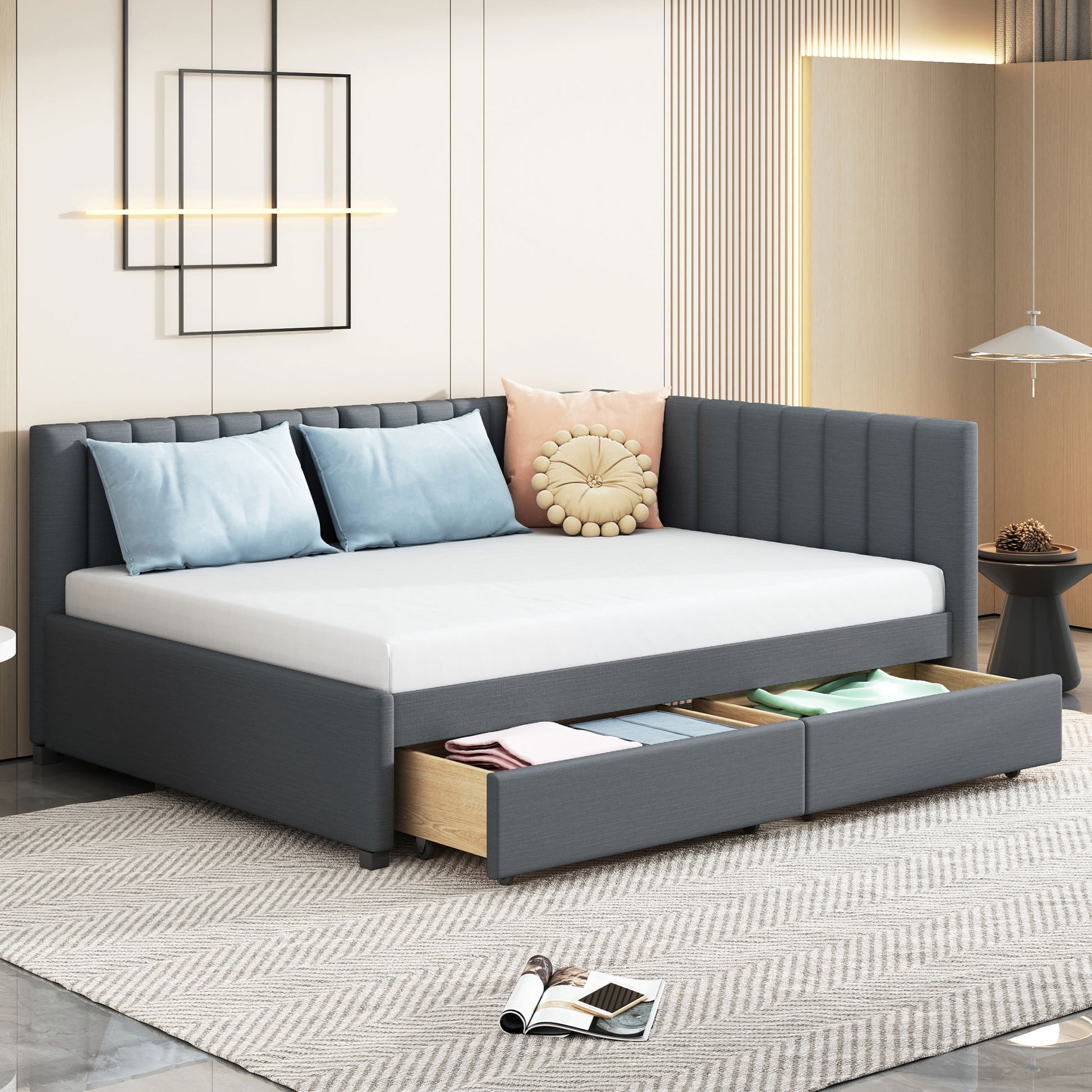Full Size Upholstered Daybed with 2 Storage Drawers Sofa Bed Frame No Box Spring Needed, Linen Fabric (Gray)(OLD SKU:LP000172AAE

)