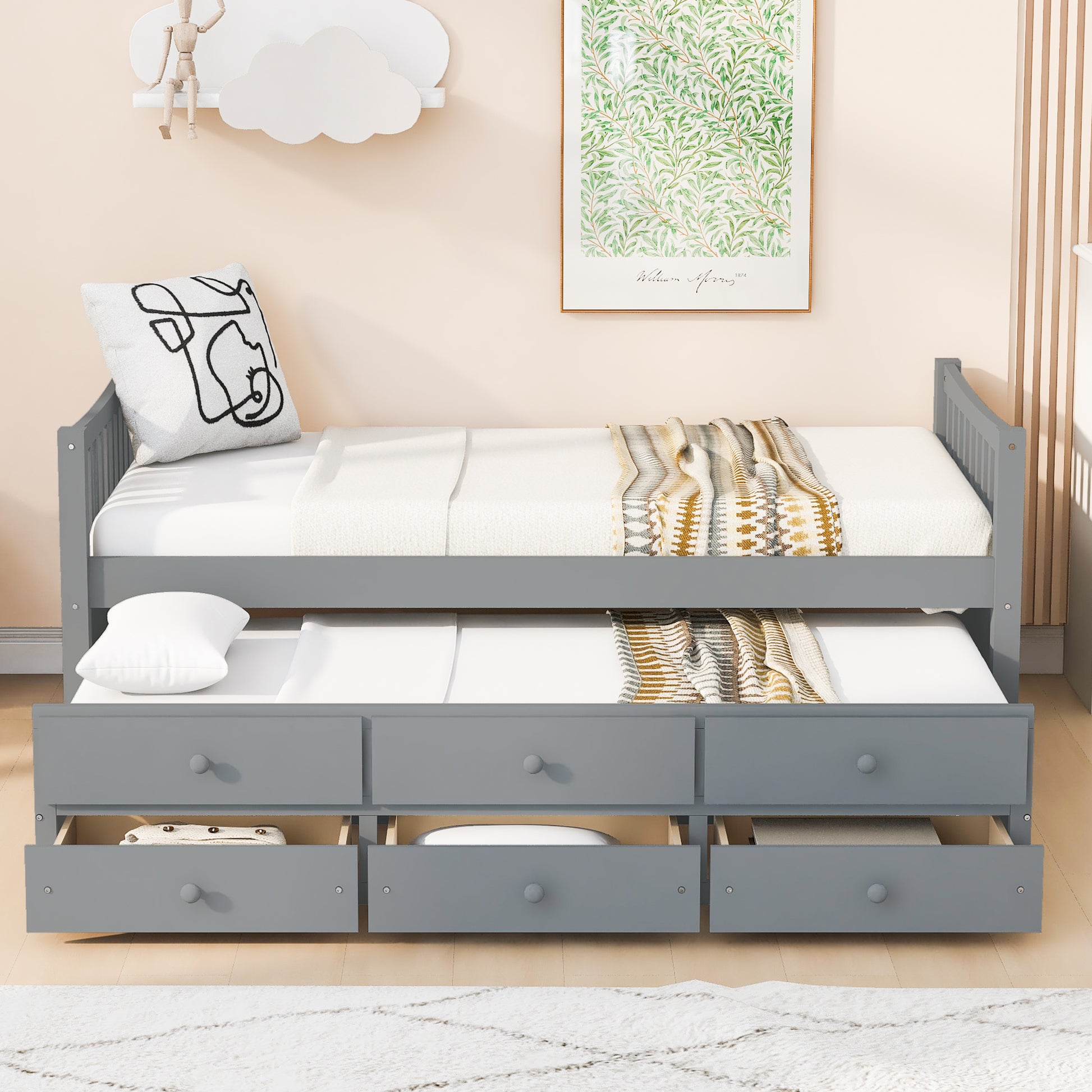 Gray Daybed with Trundle & Drawers - Twin Size, Solid Wood for Bedroom