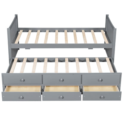 Gray Daybed with Trundle & Drawers - Twin Size, Solid Wood for Bedroom