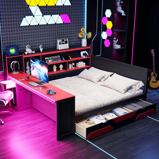 Queen Size Gaming Daybed with Integrated Desk and Lights, Modern Wooden Bed Frame with 3 Storage Drawers and Built-in Charging Station, Multi-Functional Headboard Bookcase, Black+Red