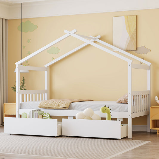 Twin Size Wooden House Bed with Drawers, White(OLD SKU: WF300799AAK)