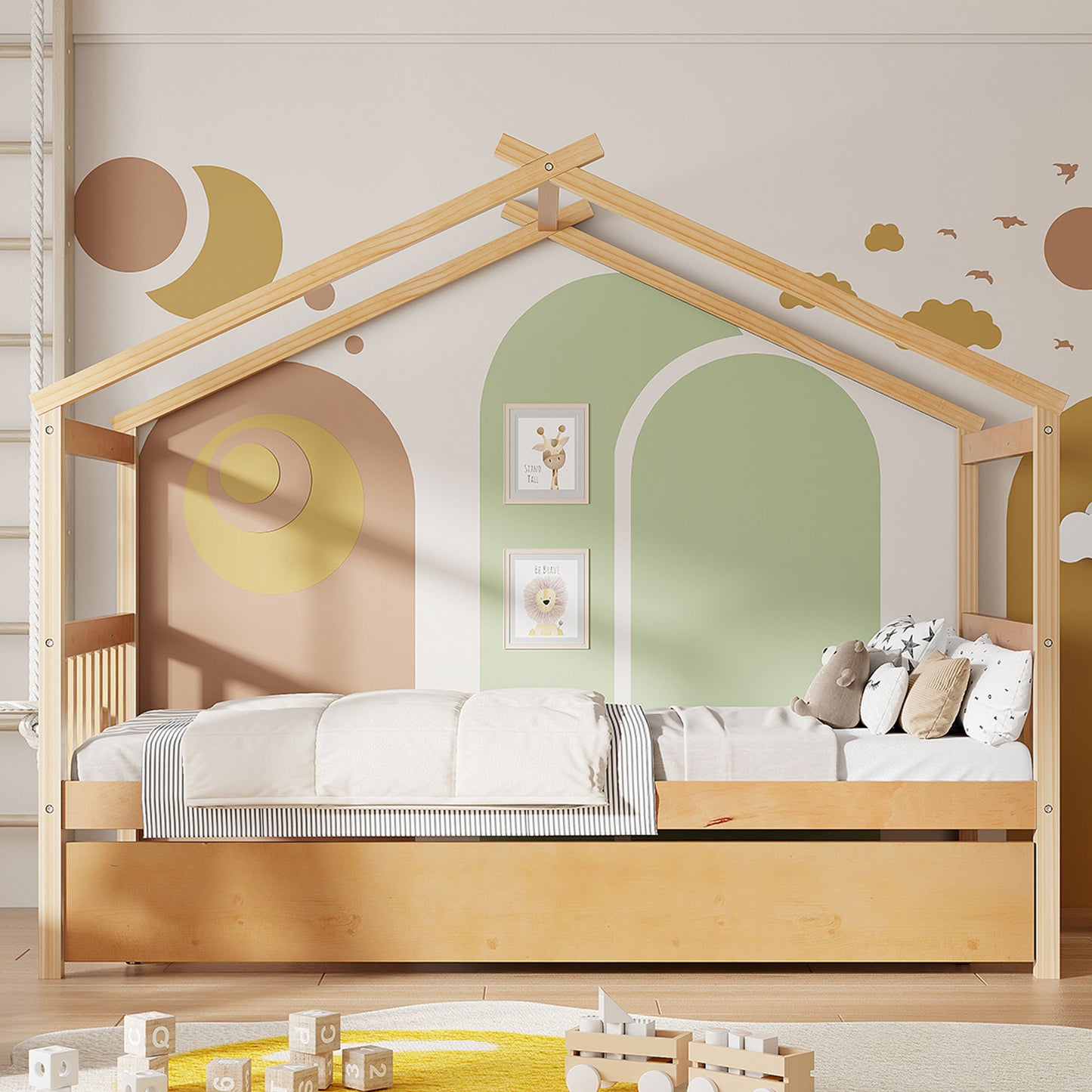 Solid Wood House Bed with Trundle for Guest Sleeping for Bedroom