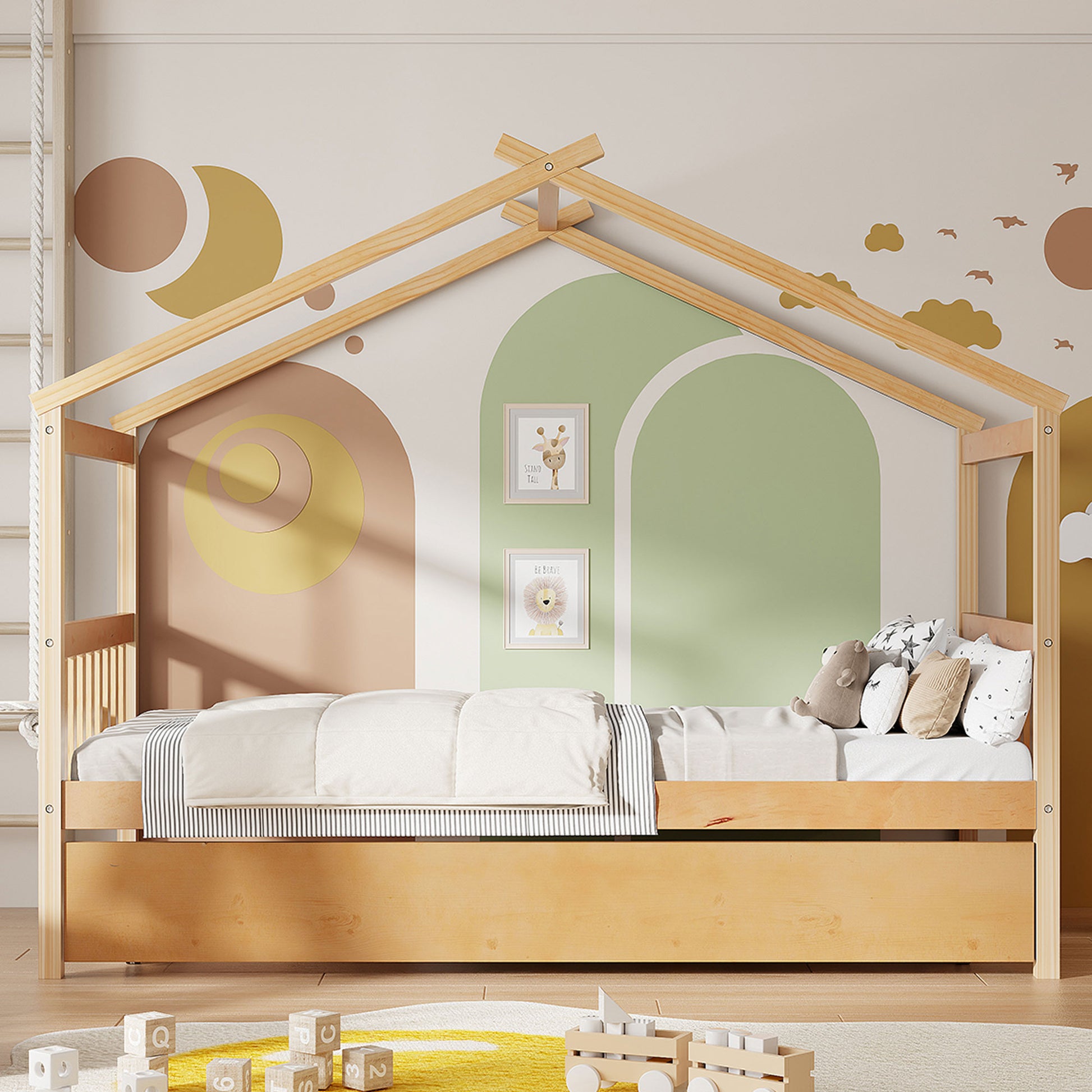 Solid Wood House Bed with Trundle for Guest Sleeping for Bedroom