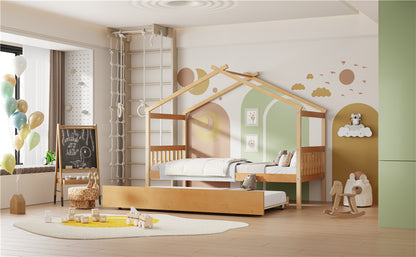 Solid Wood House Bed with Trundle for Guest Sleeping for Bedroom