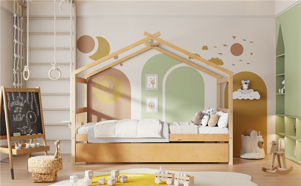 Solid Wood House Bed with Trundle for Guest Sleeping for Bedroom