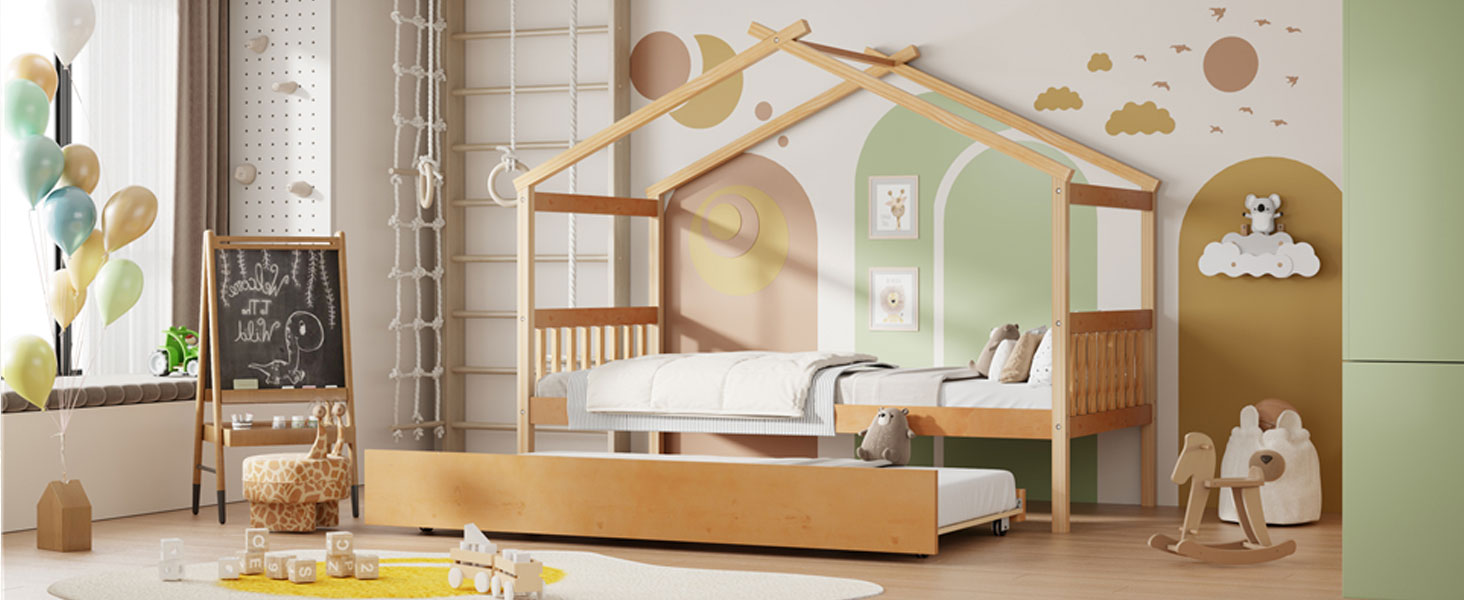 Solid Wood House Bed with Trundle for Guest Sleeping for Bedroom
