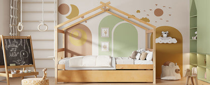 Solid Wood House Bed with Trundle for Guest Sleeping for Bedroom
