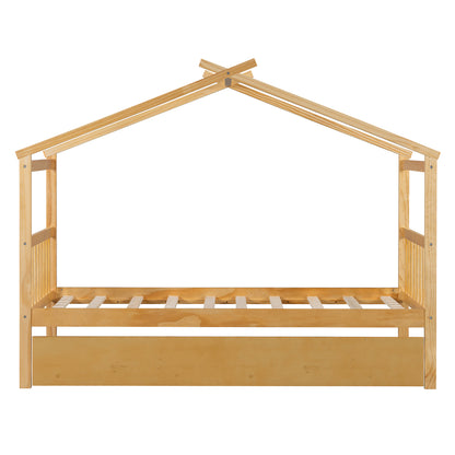 Solid Wood House Bed with Trundle for Guest Sleeping for Bedroom