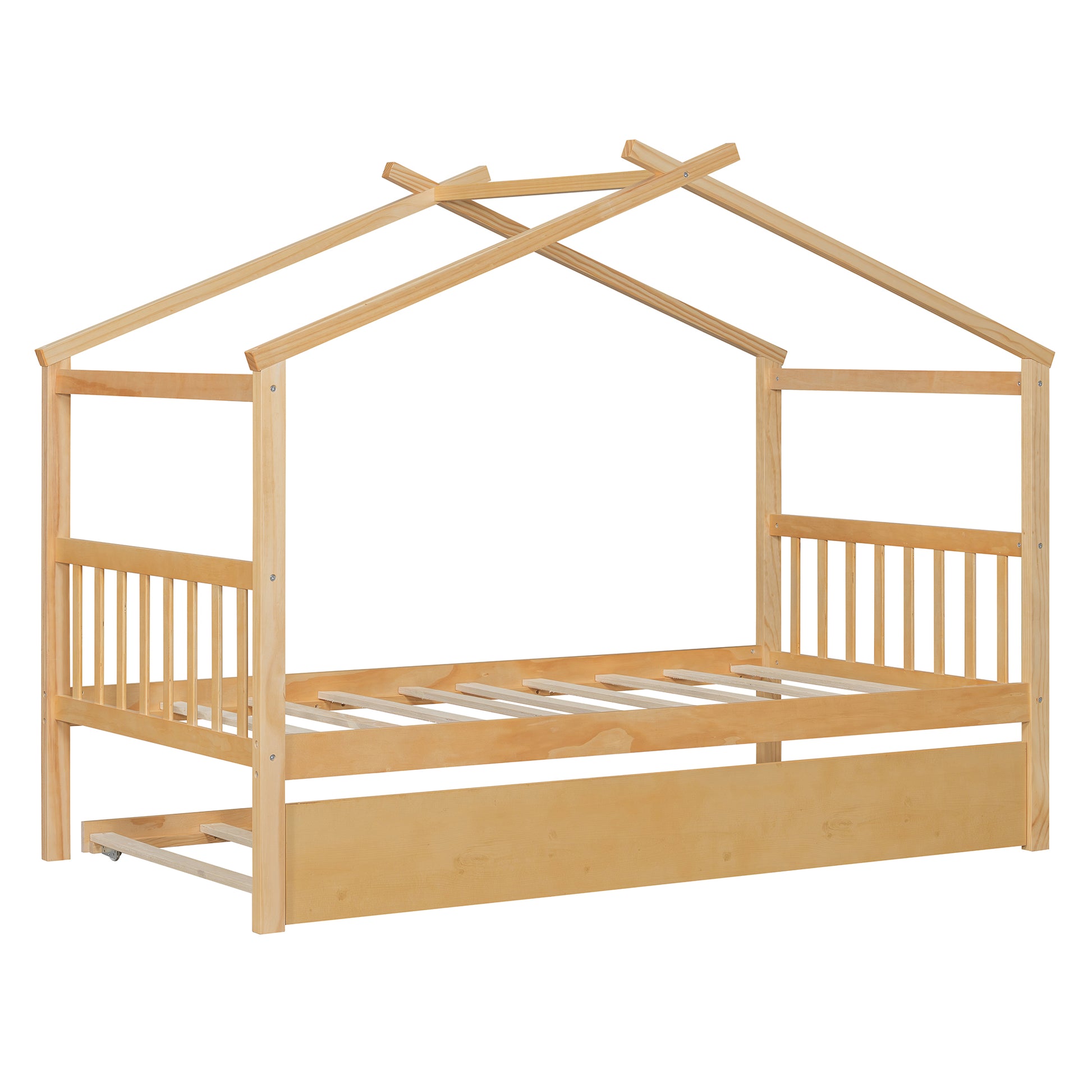 Solid Wood House Bed with Trundle for Guest Sleeping for Bedroom