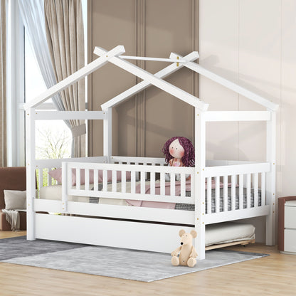 Twin Size Wooden House Bed with Trundle - White