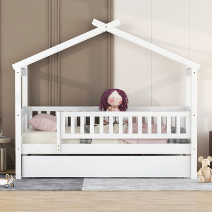 Twin Size Wooden House Bed with Trundle - White