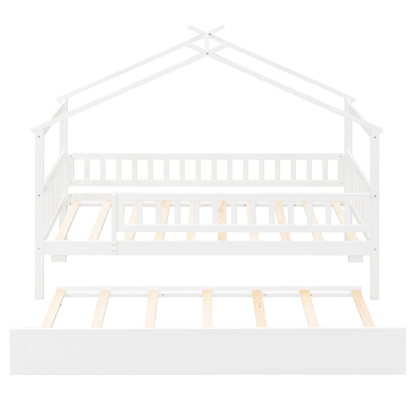 Twin Size Wooden House Bed with Trundle - White