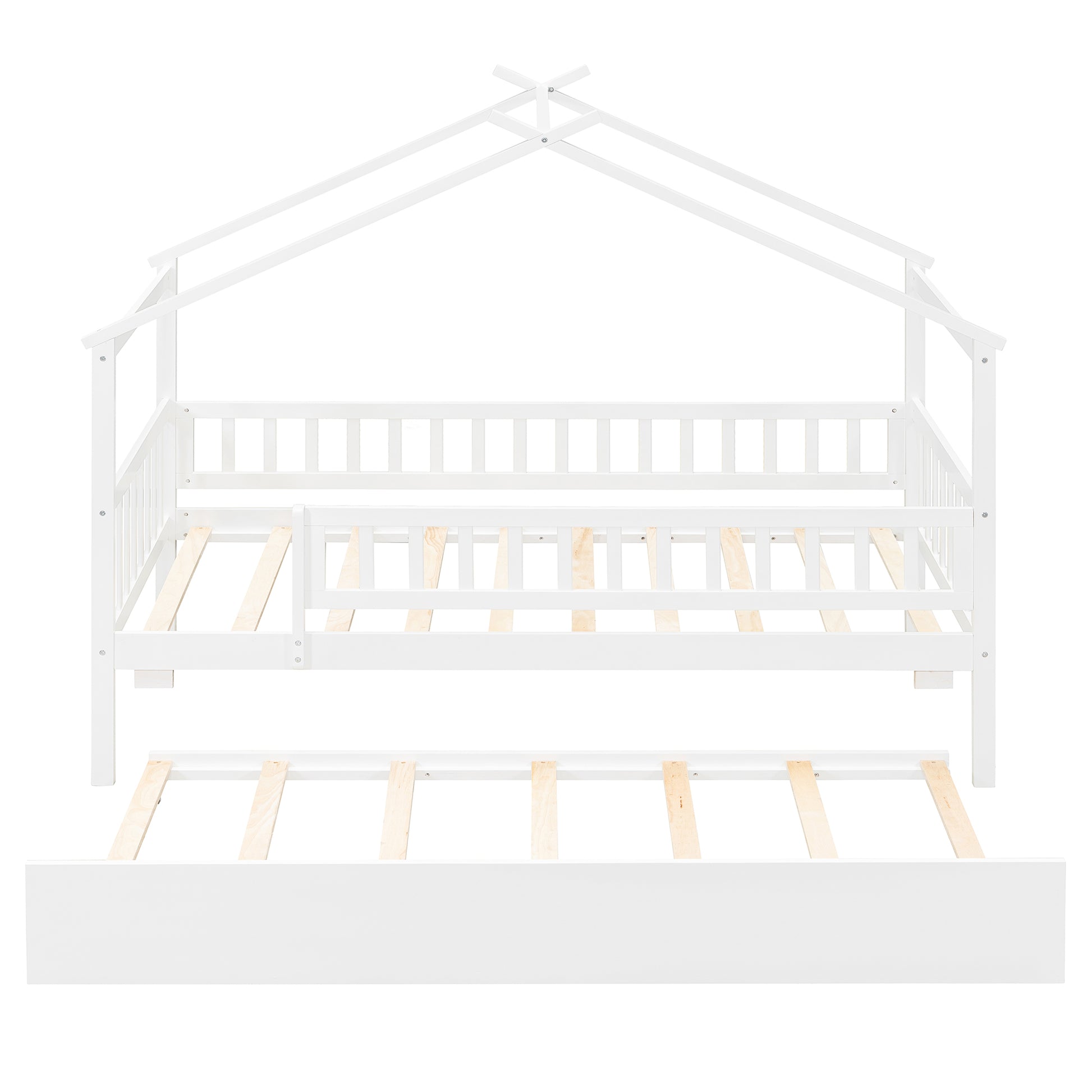 Twin Size Wooden House Bed with Trundle - White
