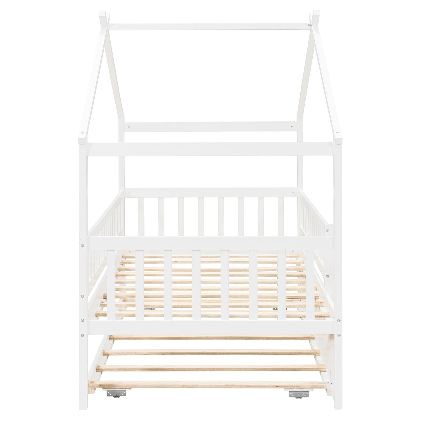 Twin Size Wooden House Bed with Trundle - White